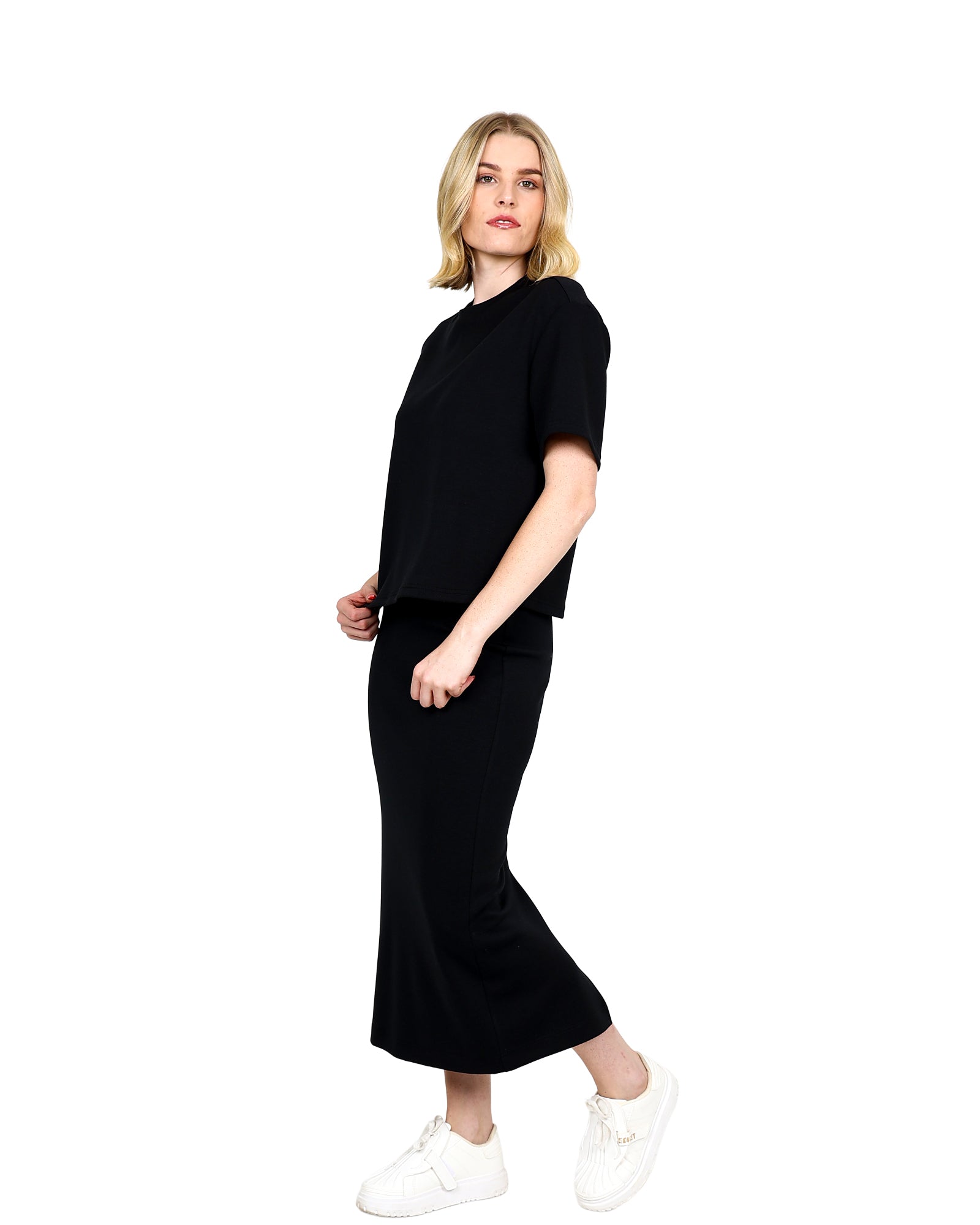 Black Fitted Scuba Midi Skirt