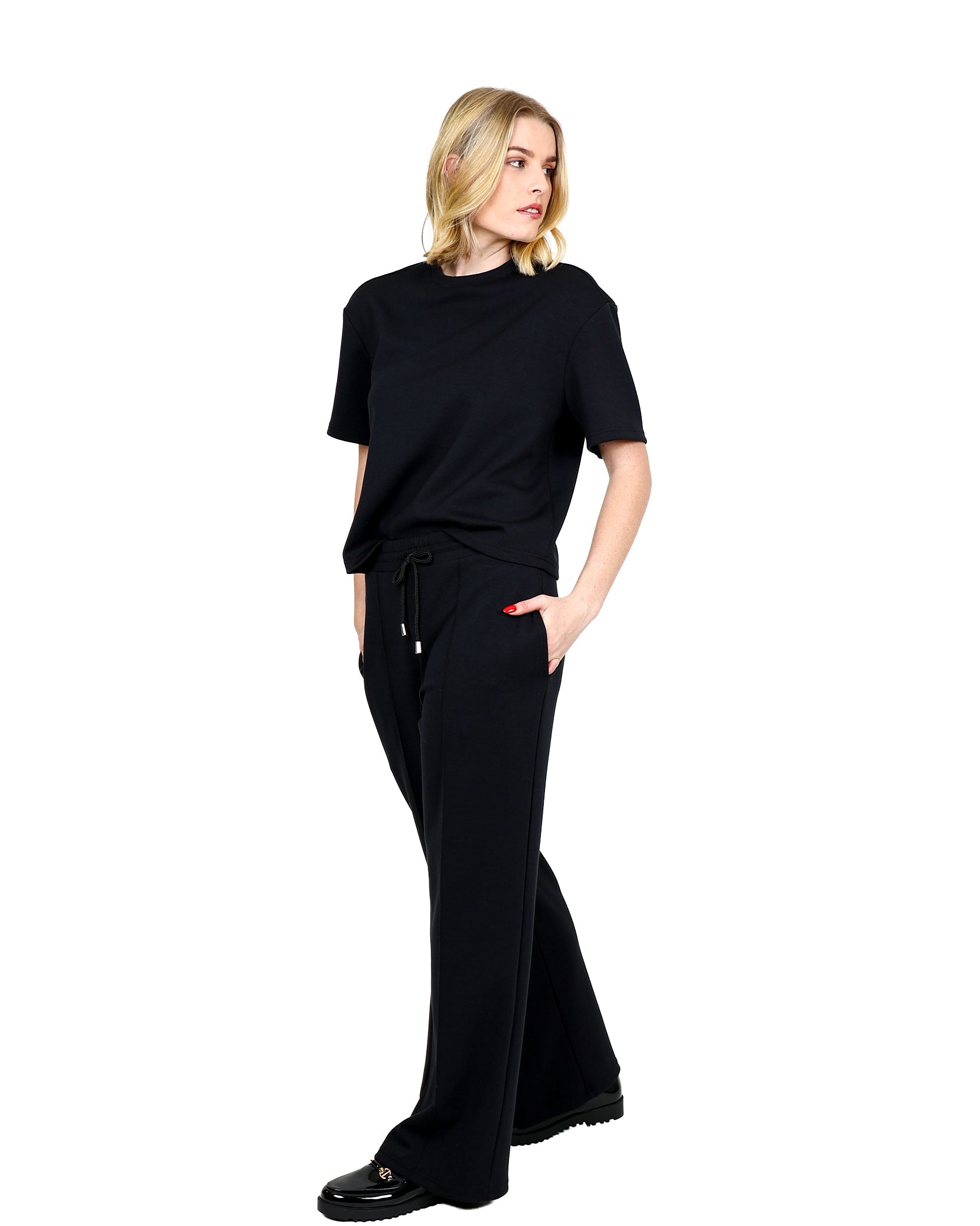 Black Wide Leg Scuba Pintuck Pants