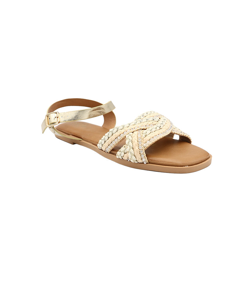 Beige Embellished Braid Detail Ankle Strap Sandals