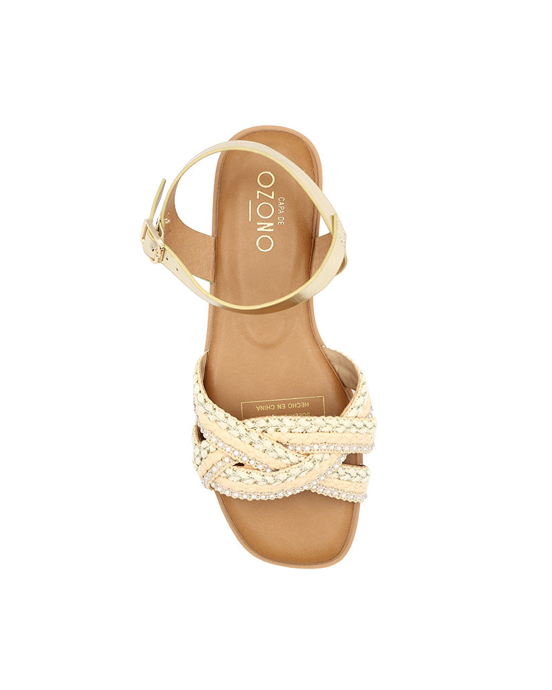 Beige Embellished Braid Detail Ankle Strap Sandals