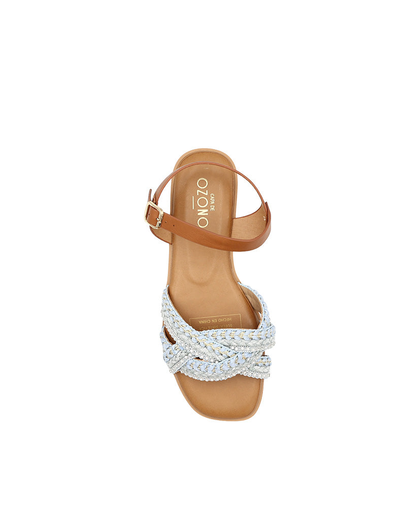 Blue Embellished Braid Detail Ankle Strap Sandals