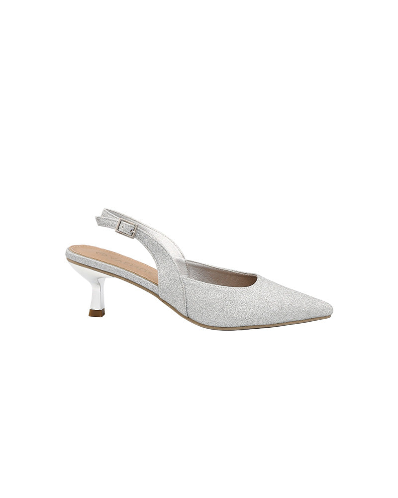 Sliver Glitter Pointed Slingback Kitten Heels