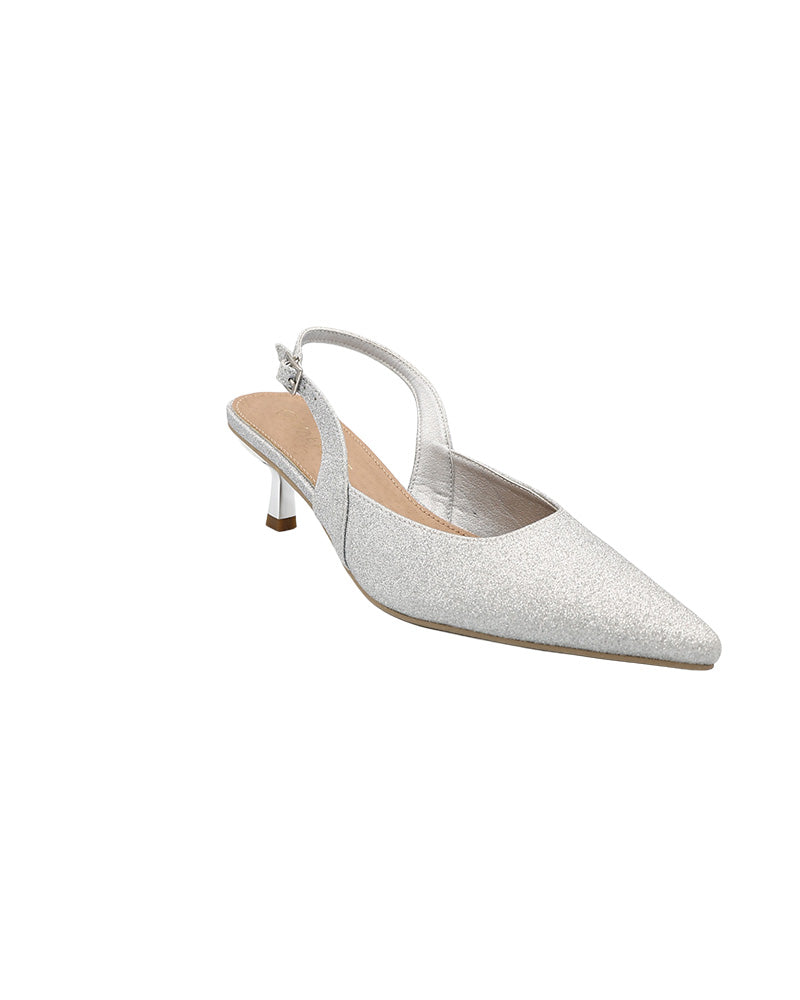 Sliver Glitter Pointed Slingback Kitten Heels