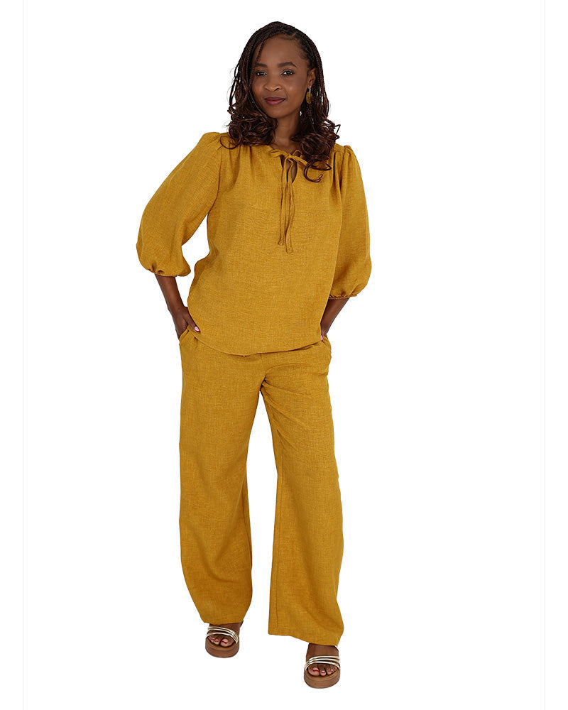 3/4 Puff Sleeve Mustard Tie Front Blouse