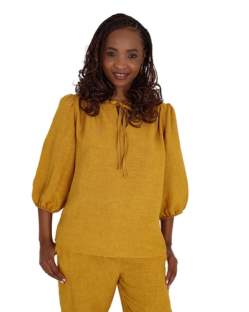 3/4 Puff Sleeve Mustard Tie Front Blouse