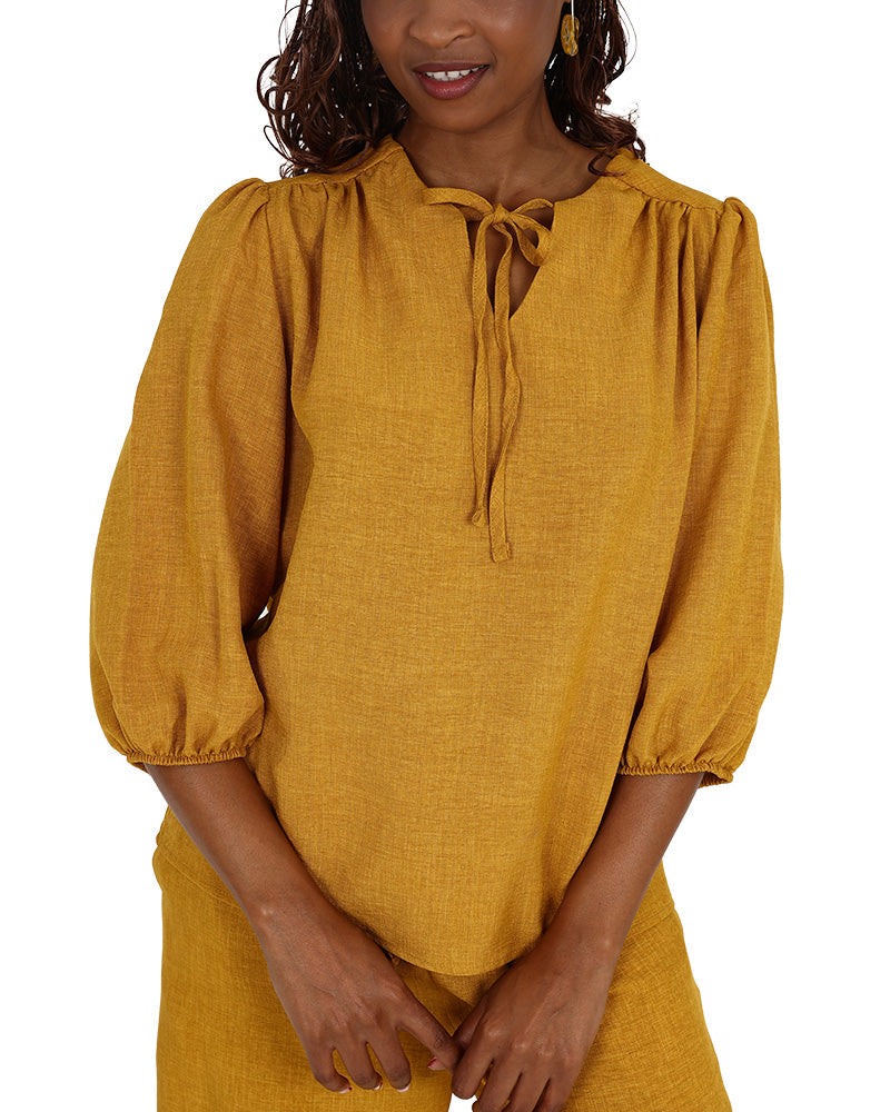 3/4 Puff Sleeve Mustard Tie Front Blouse
