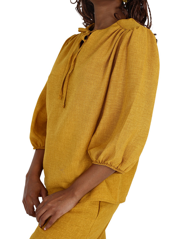 3/4 Puff Sleeve Mustard Tie Front Blouse