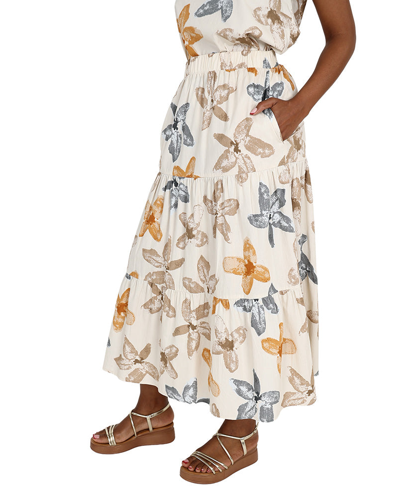 Floral Cream Co-Ord Tiered Maxi Skirt