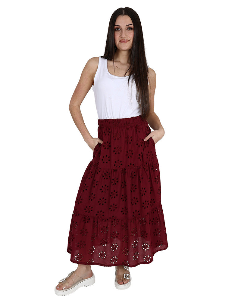 Burgundy Tiered Anglaise Maxi Skirt