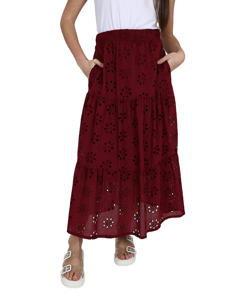 Burgundy Tiered Anglaise Maxi Skirt