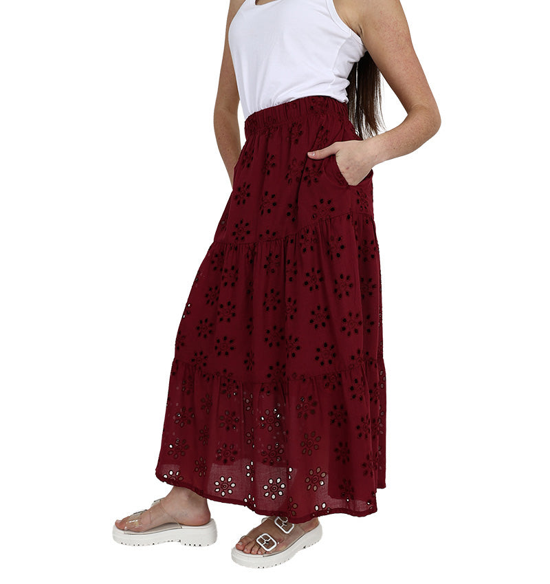 Burgundy Tiered Anglaise Maxi Skirt