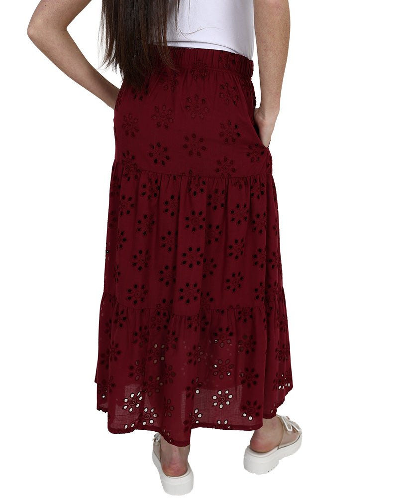 Burgundy Tiered Anglaise Maxi Skirt