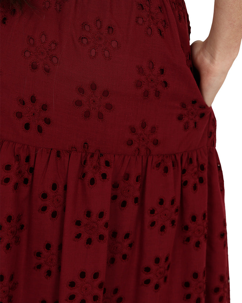 Burgundy Tiered Anglaise Maxi Skirt