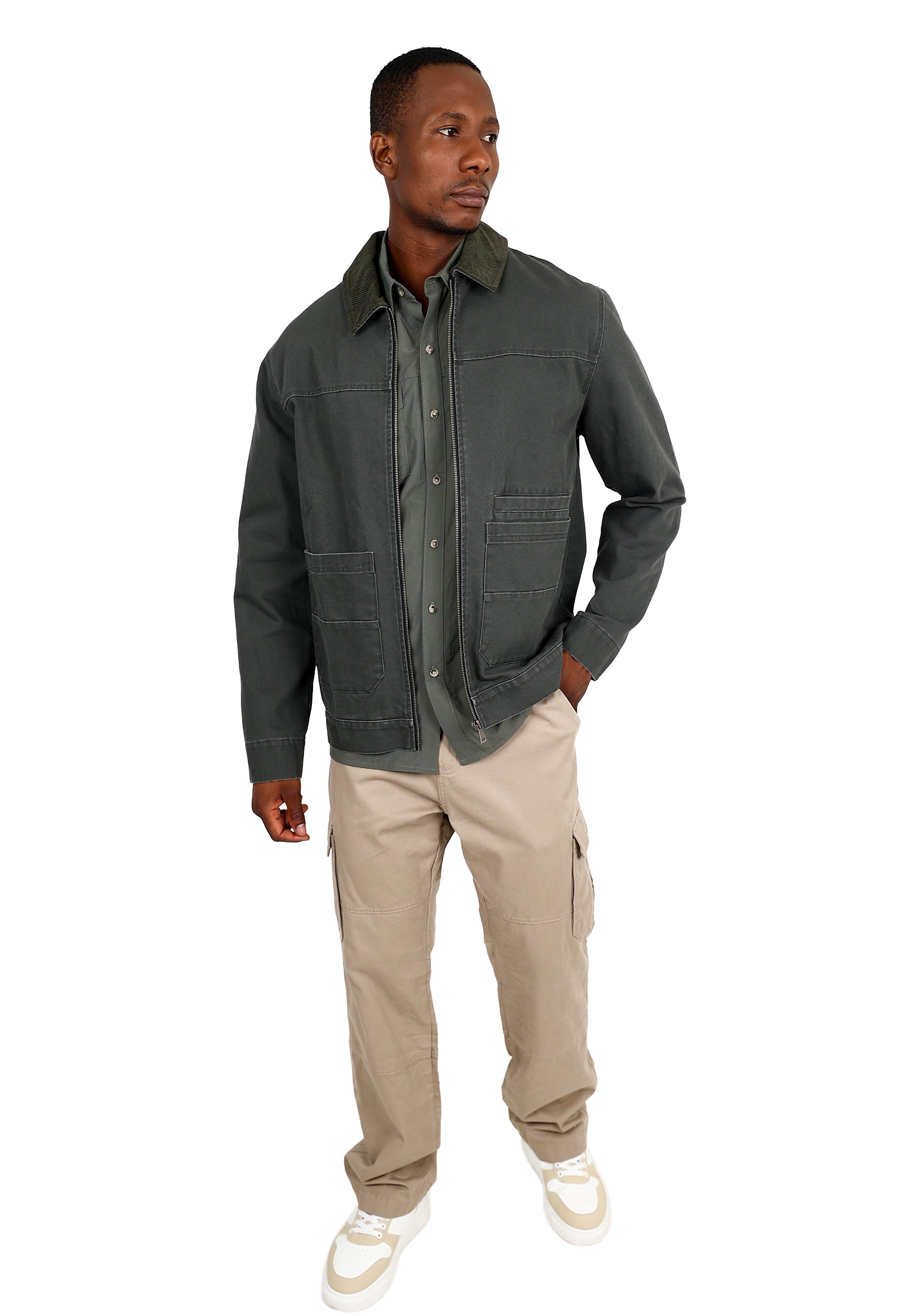 Okavango Olive Zip Up Corduroy Collar Jacket