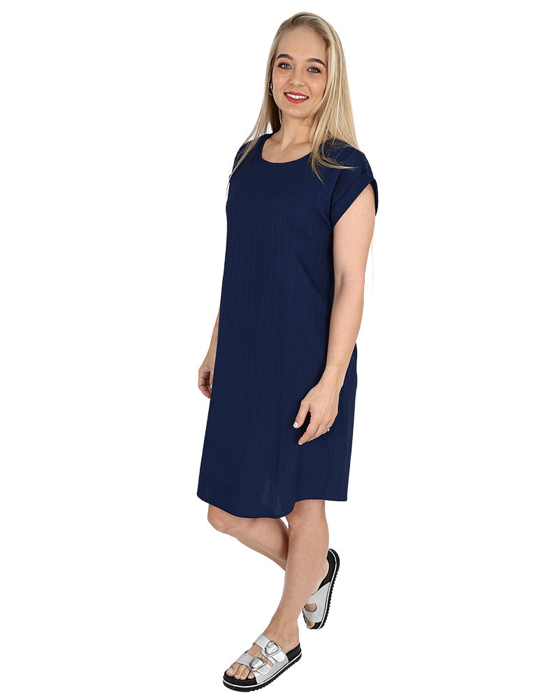 Navy Short Sleeve Crinkle Shift Dress