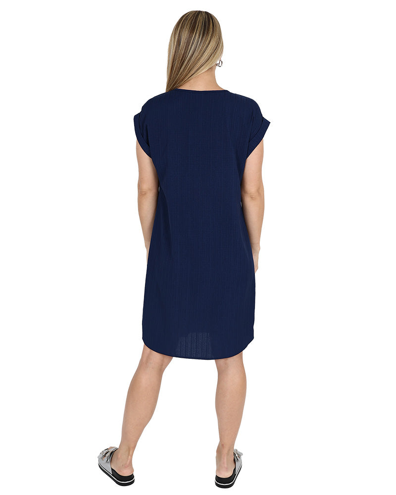 Navy Short Sleeve Crinkle Shift Dress