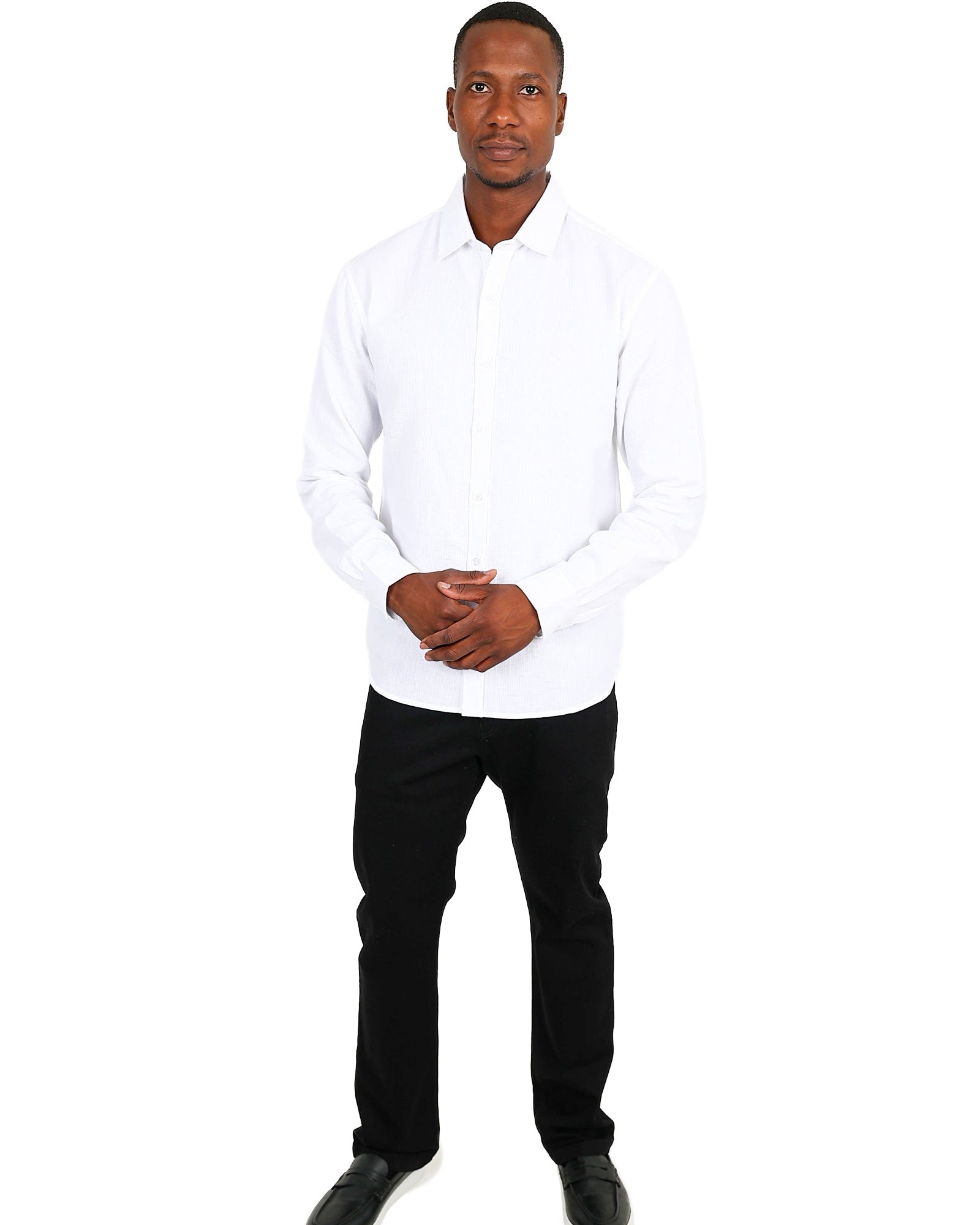 Long Sleeve White Waffle Textured Shirt