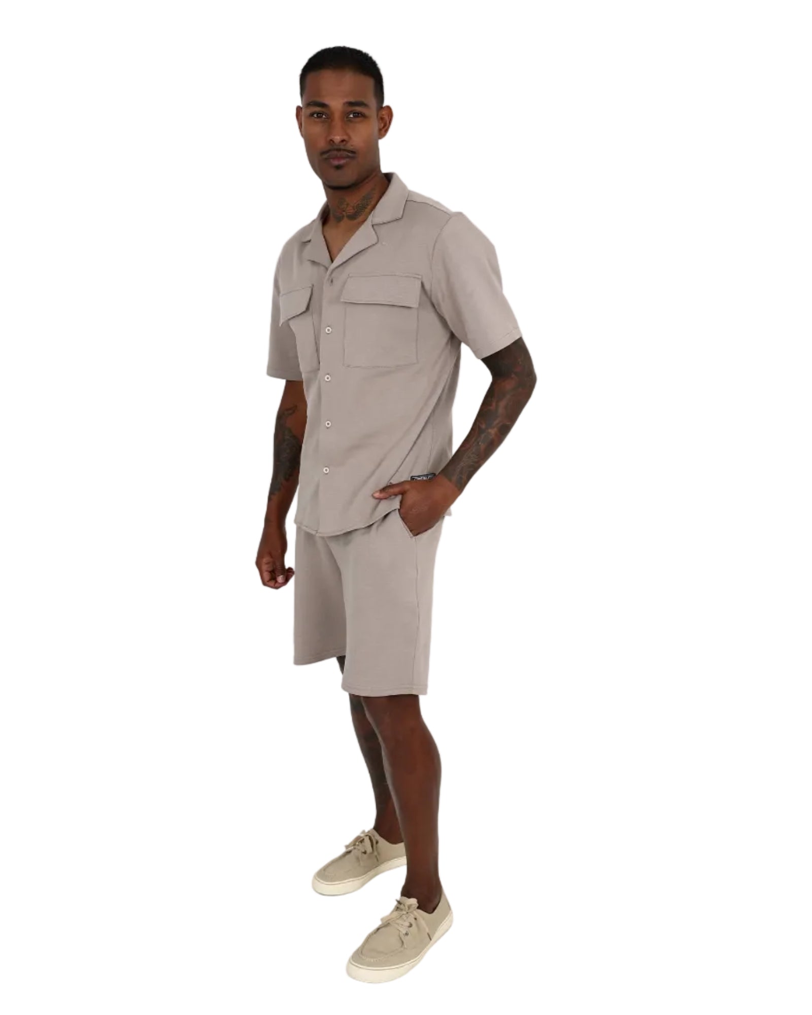 Short Sleeve Taupe Double Utility Pocket Shirt