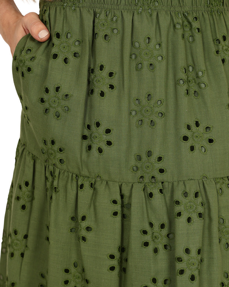 Olive Tiered Anglaise Maxi Skirt