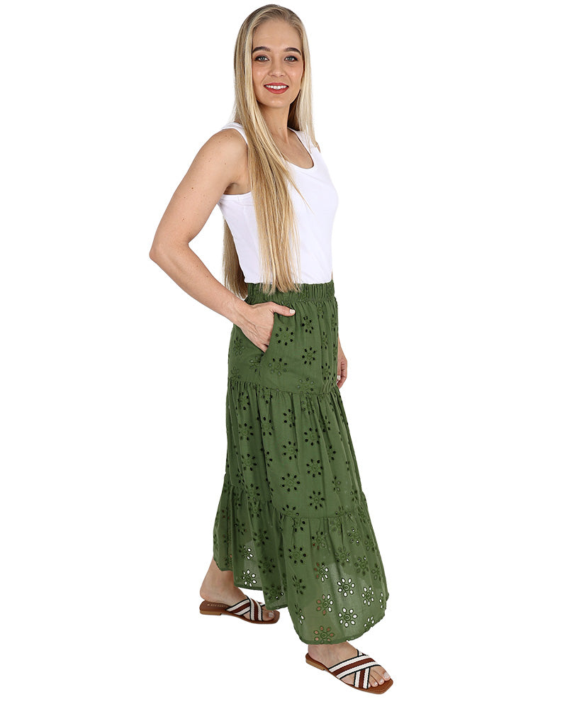 Olive Tiered Anglaise Maxi Skirt