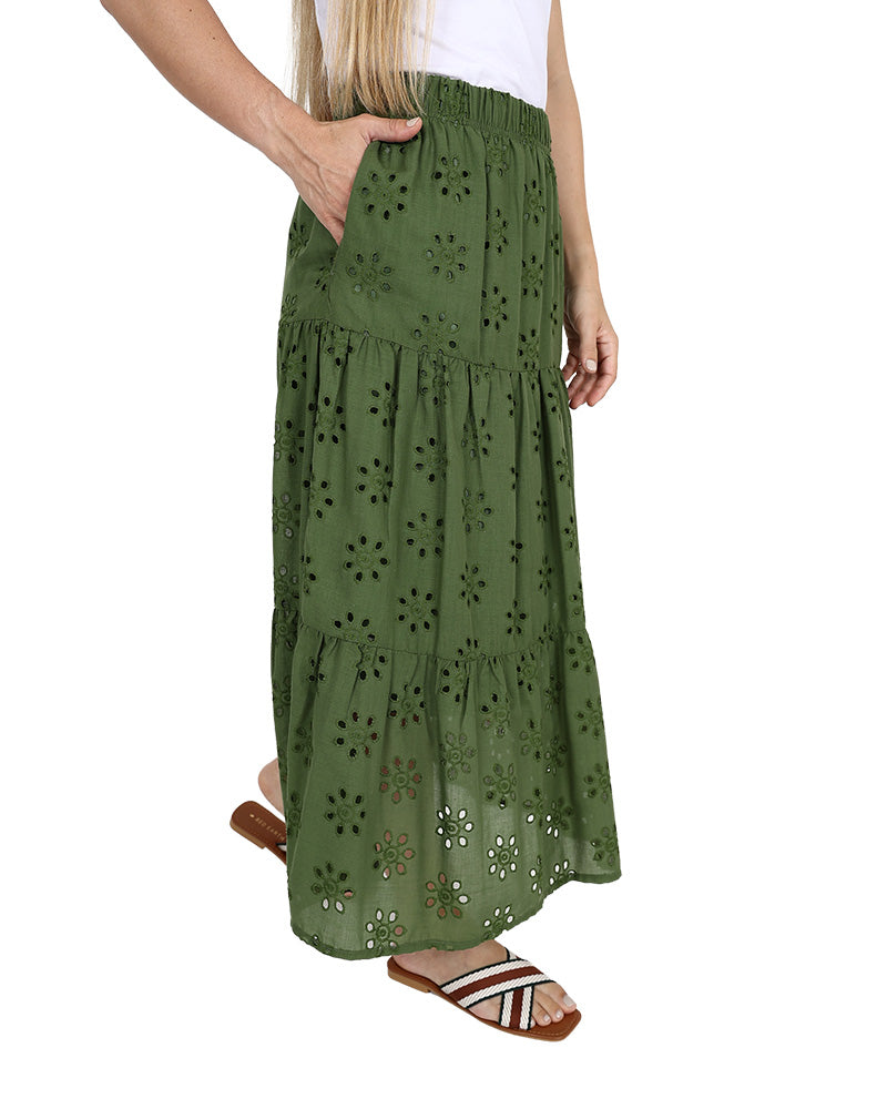 Olive Tiered Anglaise Maxi Skirt