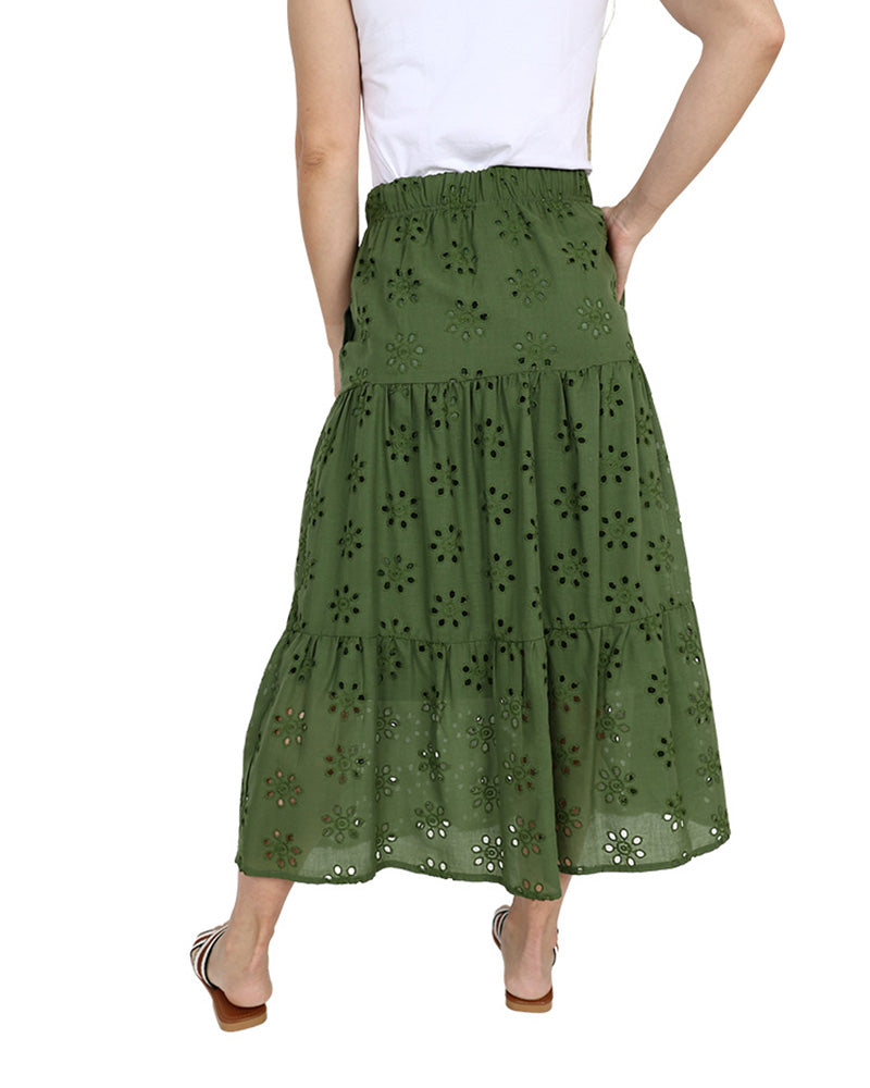 Olive Tiered Anglaise Maxi Skirt