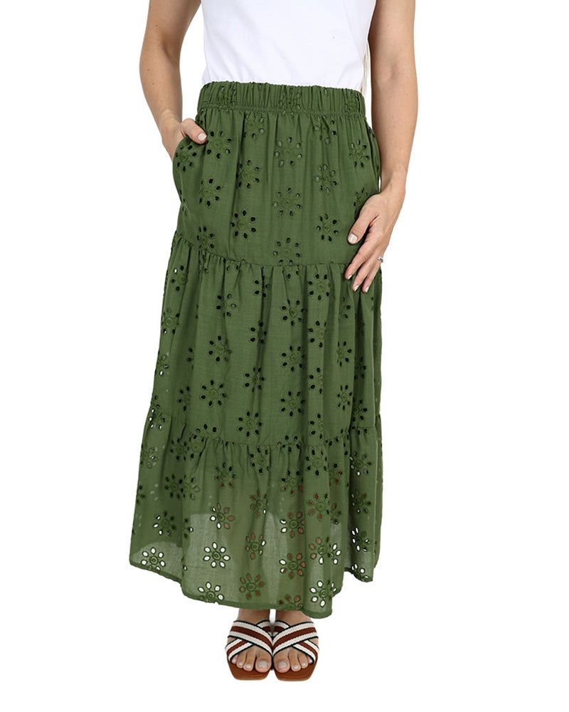 Olive Tiered Anglaise Maxi Skirt