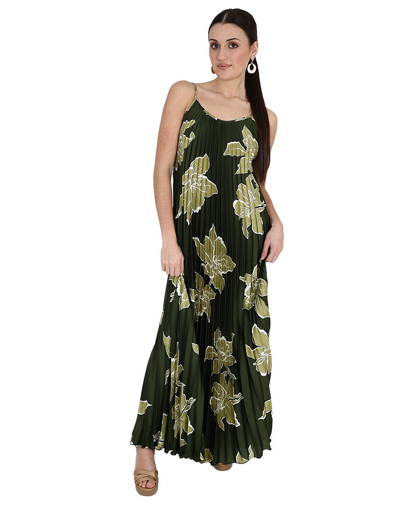 Strappy Green Pleated Maxi Dress