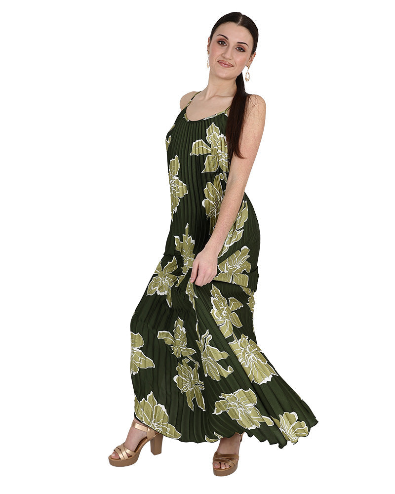 Strappy Green Pleated Maxi Dress