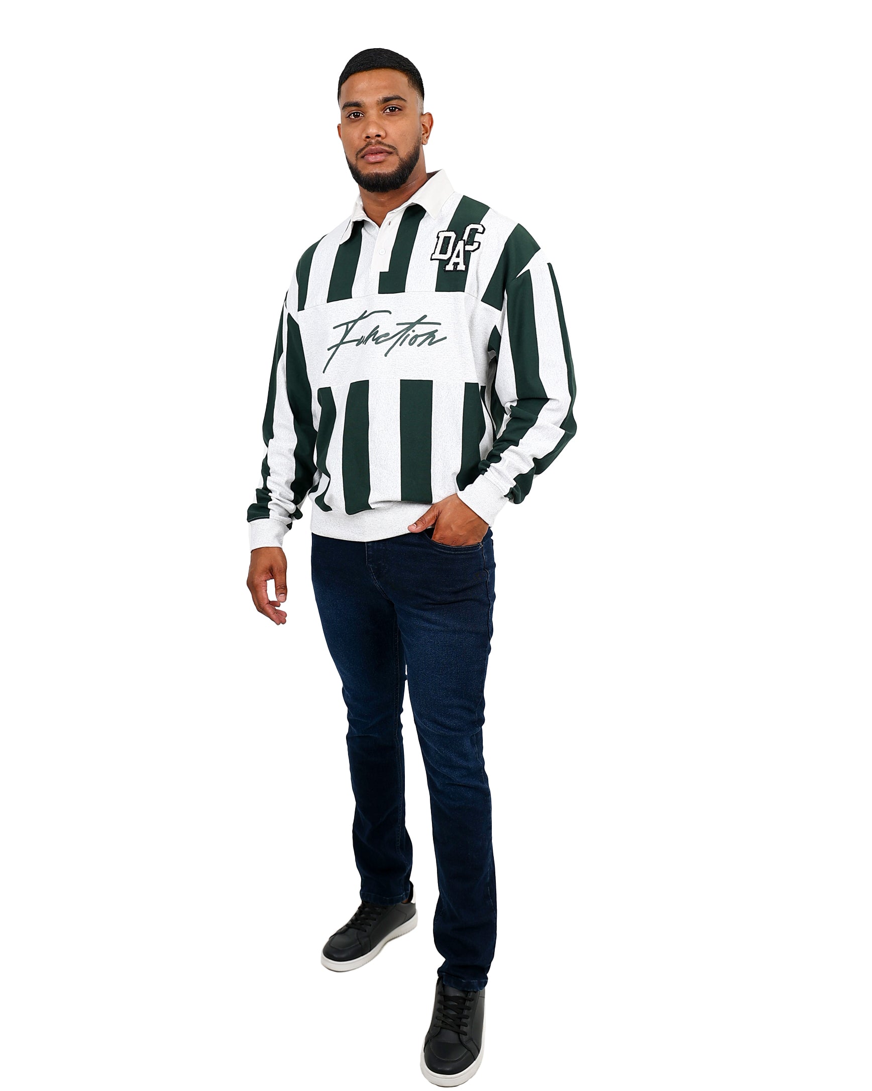 Long Sleeve Green & Grey Striped Rugby Inspired Golfer
