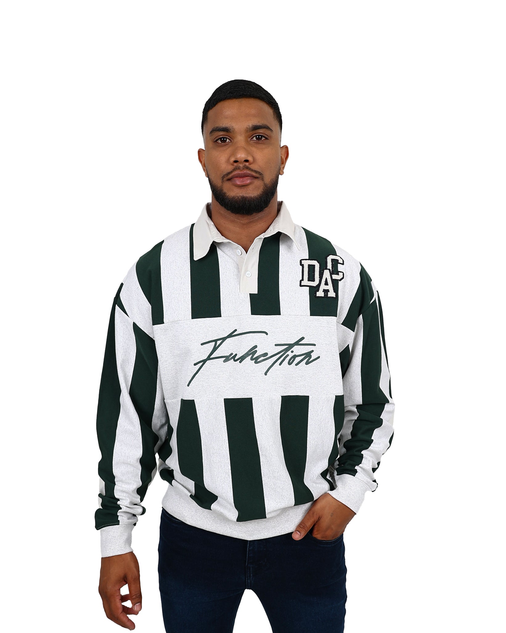 Long Sleeve Green & Grey Striped Rugby Inspired Golfer