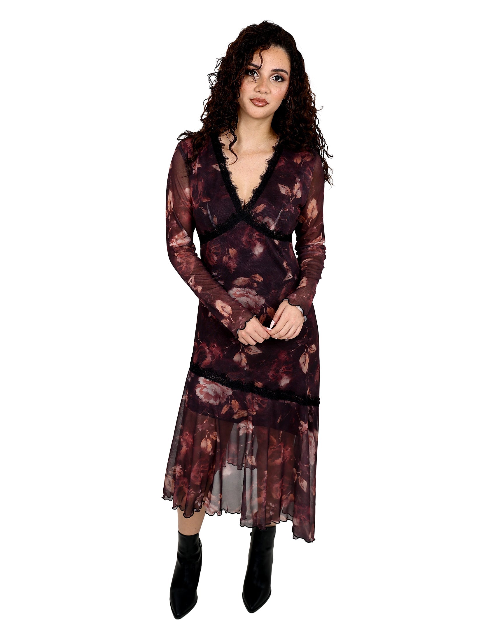 Moody Plum Floral Asymmetrical Midi Mesh Dress