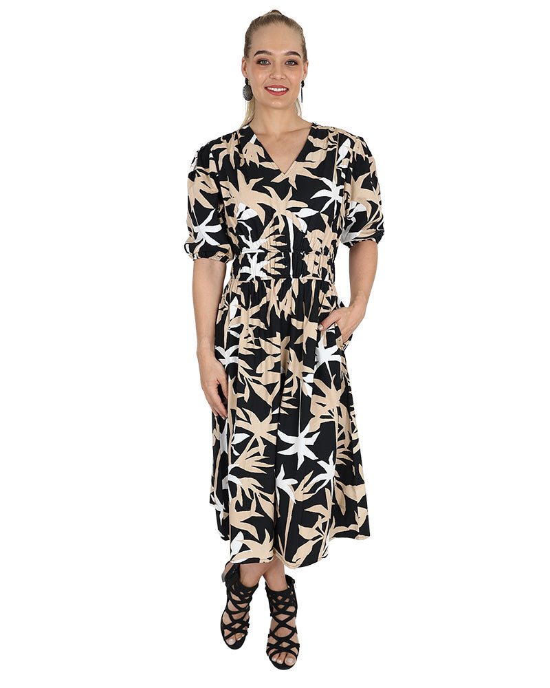 Short Sleeve Elasticated Waist Printed Midi Dress