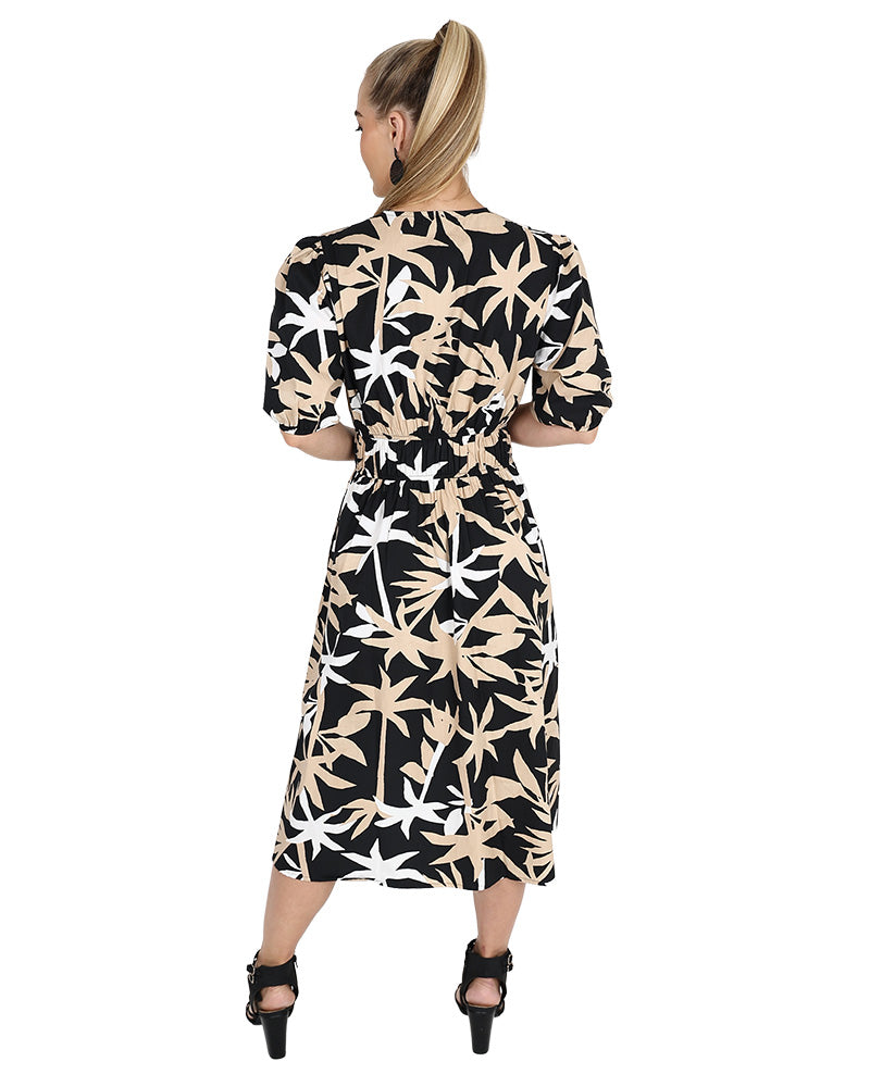 Short Sleeve Elasticated Waist Printed Midi Dress