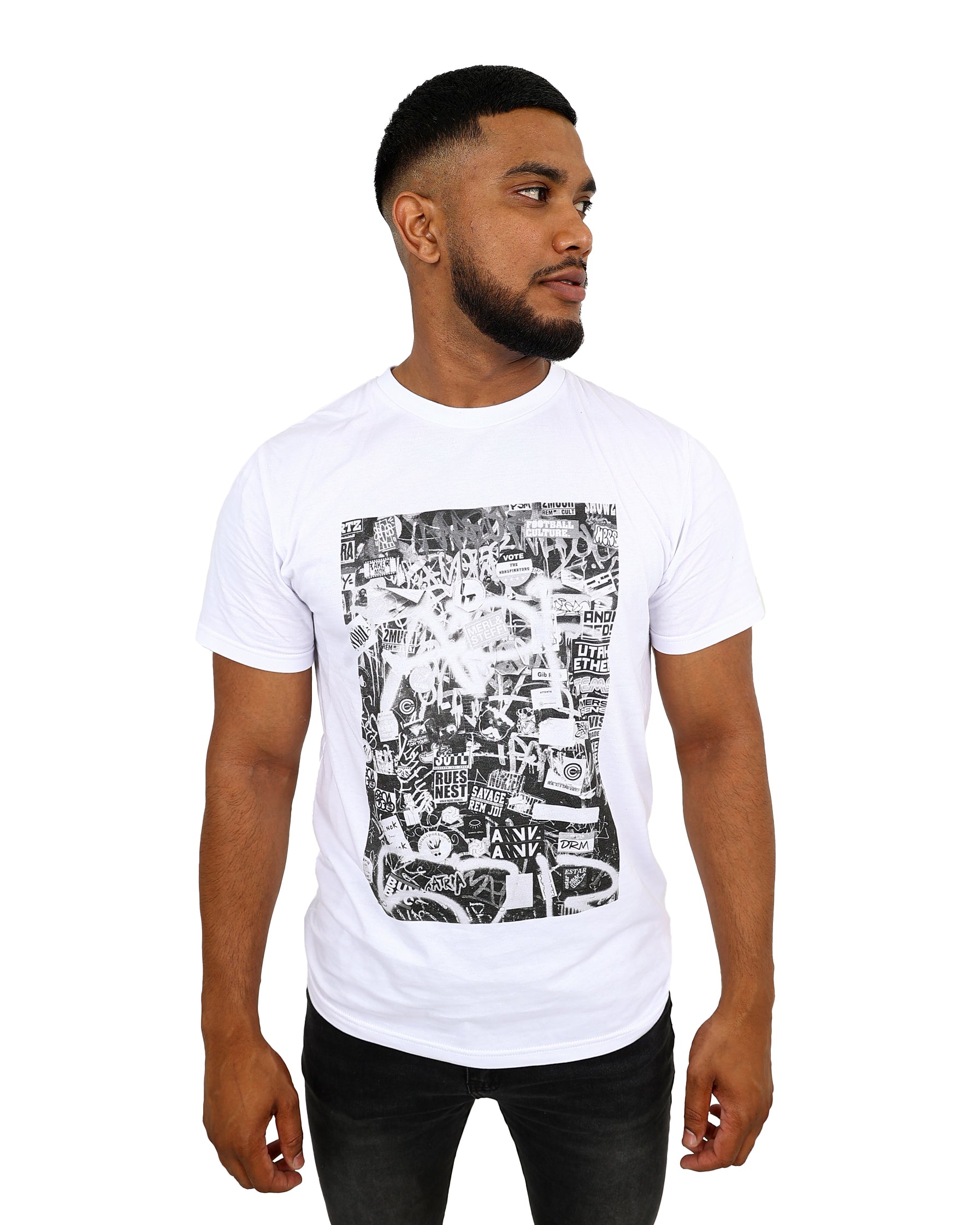 Short Sleeve White Graffiti Wall Graphic T-Shirt