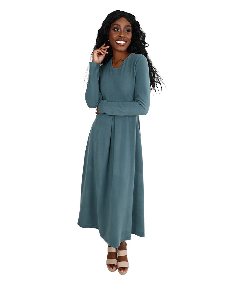 Long Sleeve Teal Inverted front Pleat Maxi Dress