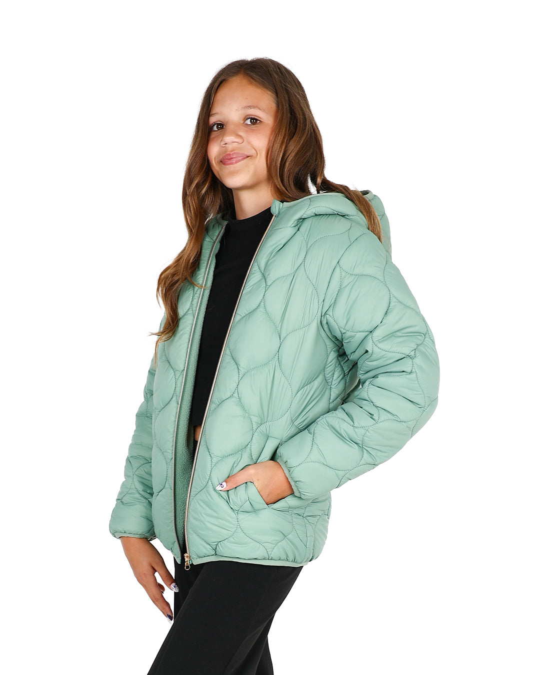 Sage Quilted Hooded Zip Up Puffer Jacket