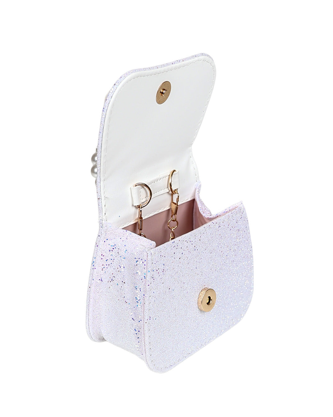 White Pearl Handle Glitter Handbag