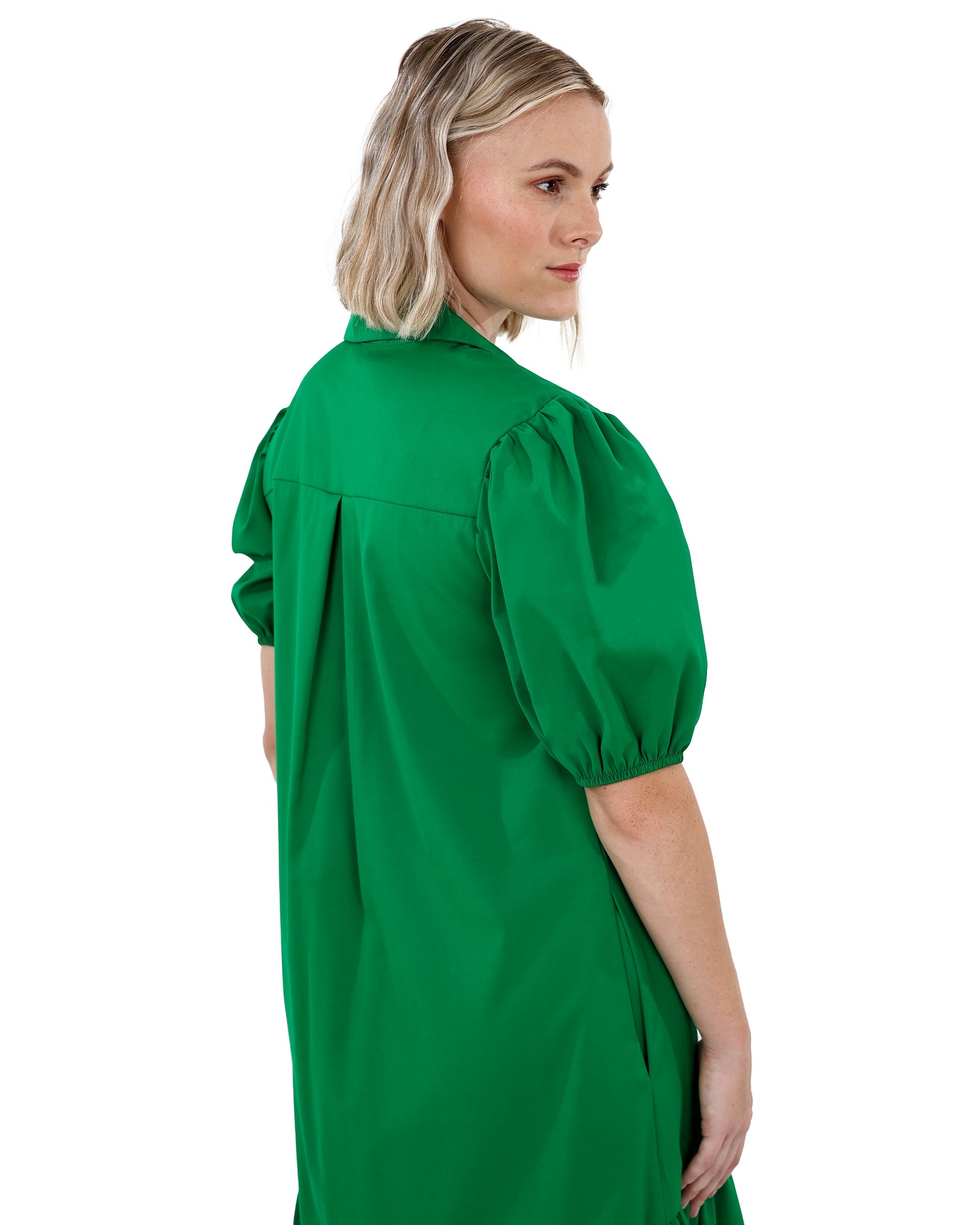 Green Knee Length High-Low Collared Dress