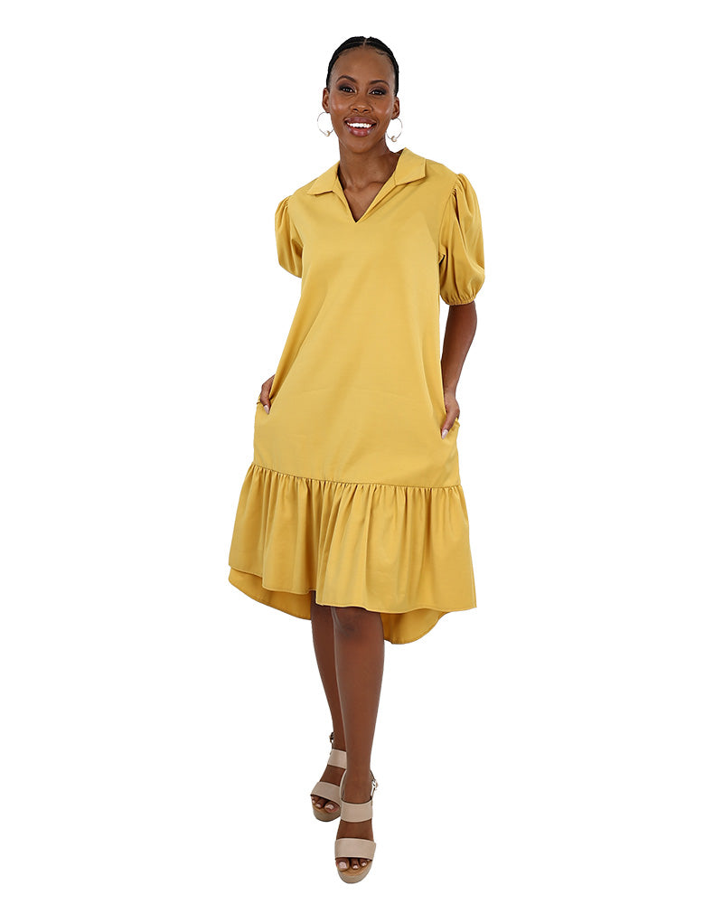 Mustard Knee Length High-Low Collared Dress
