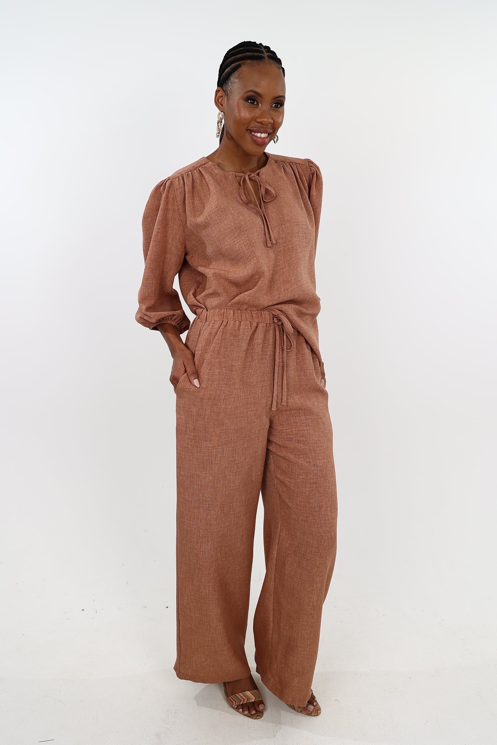 3/4 Puff Sleeve Mocha Tie Front Blouse