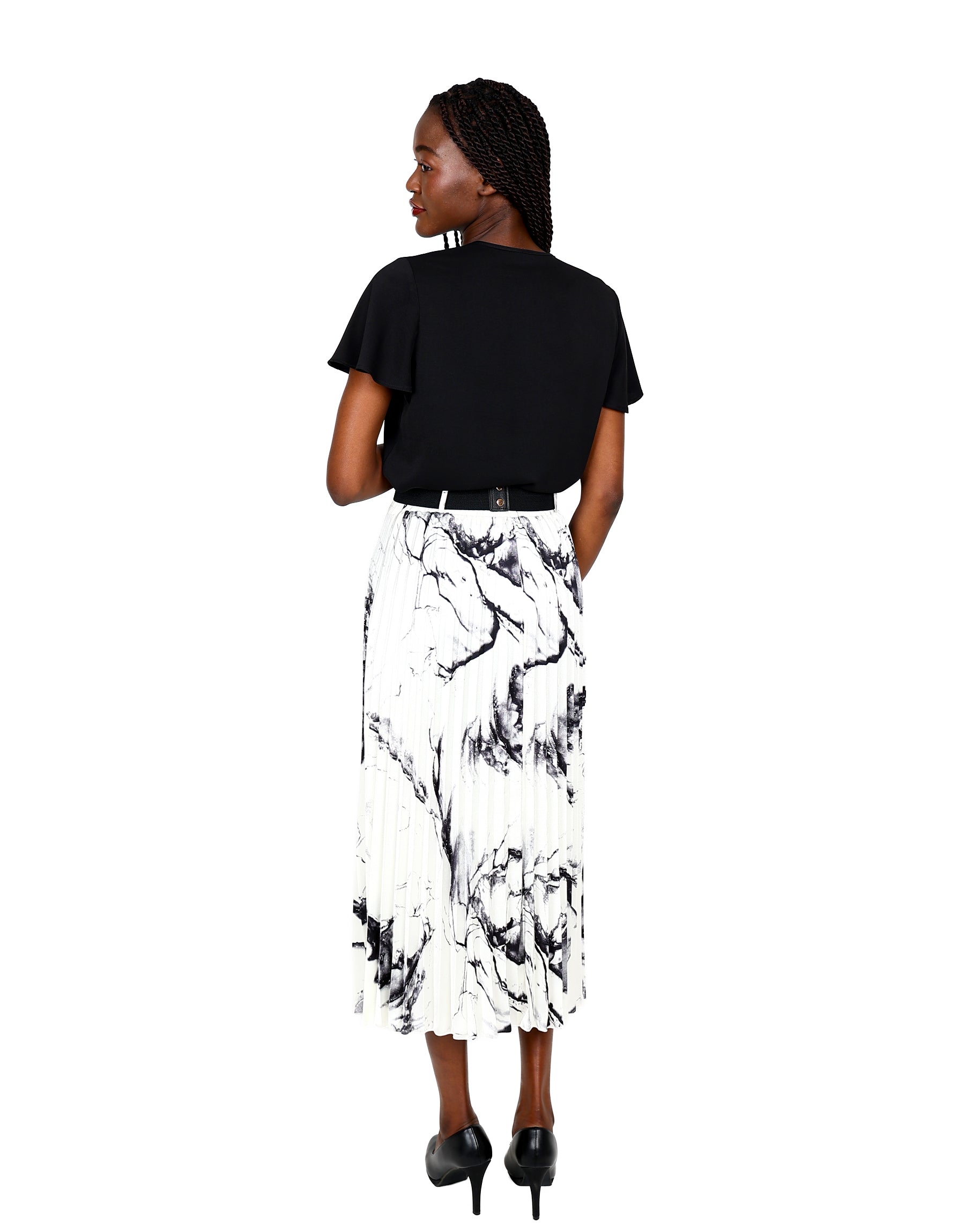 Satin Monochrome Print Pleated Midi Skirt