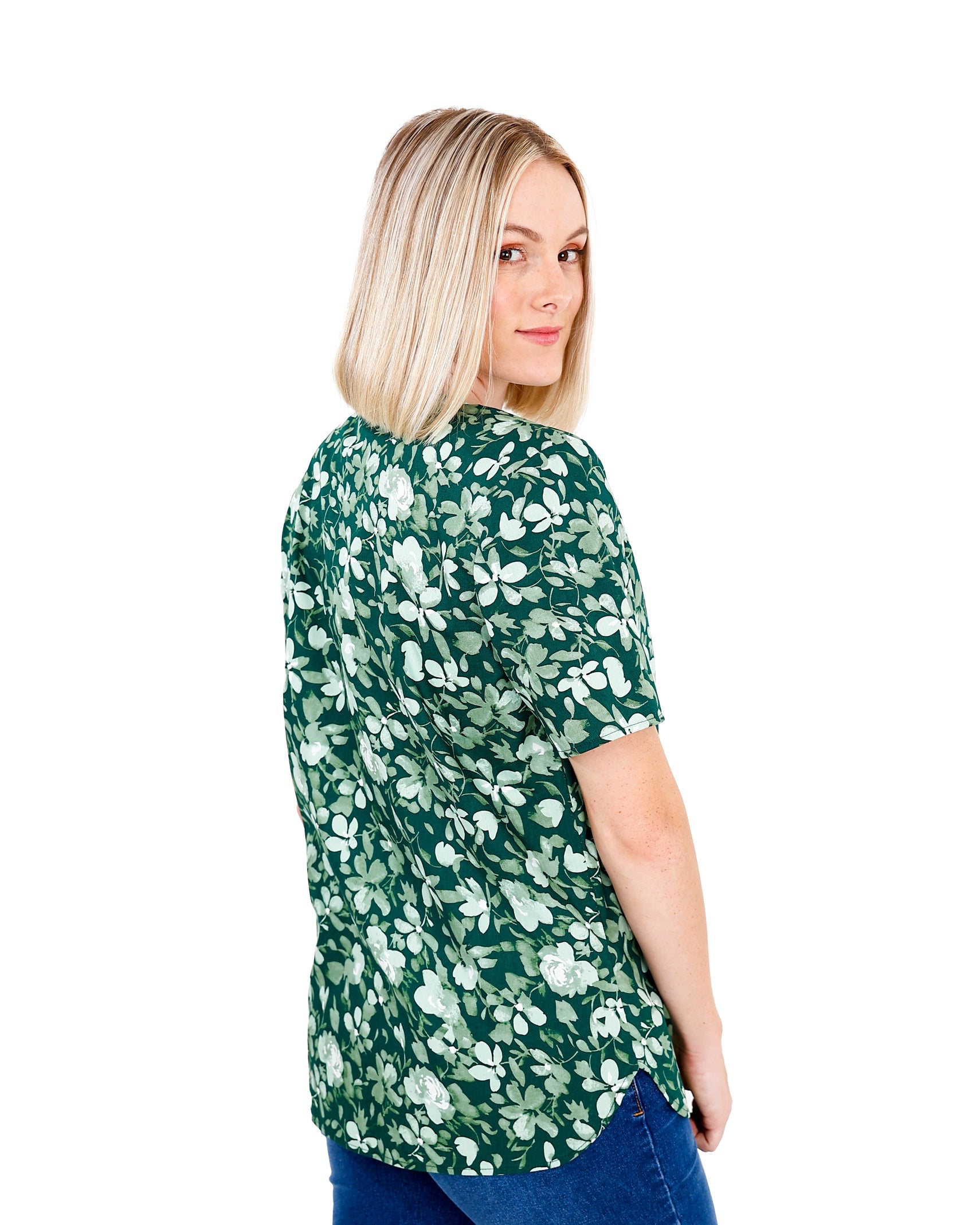 Short Sleeve Green Floral Print Blouse