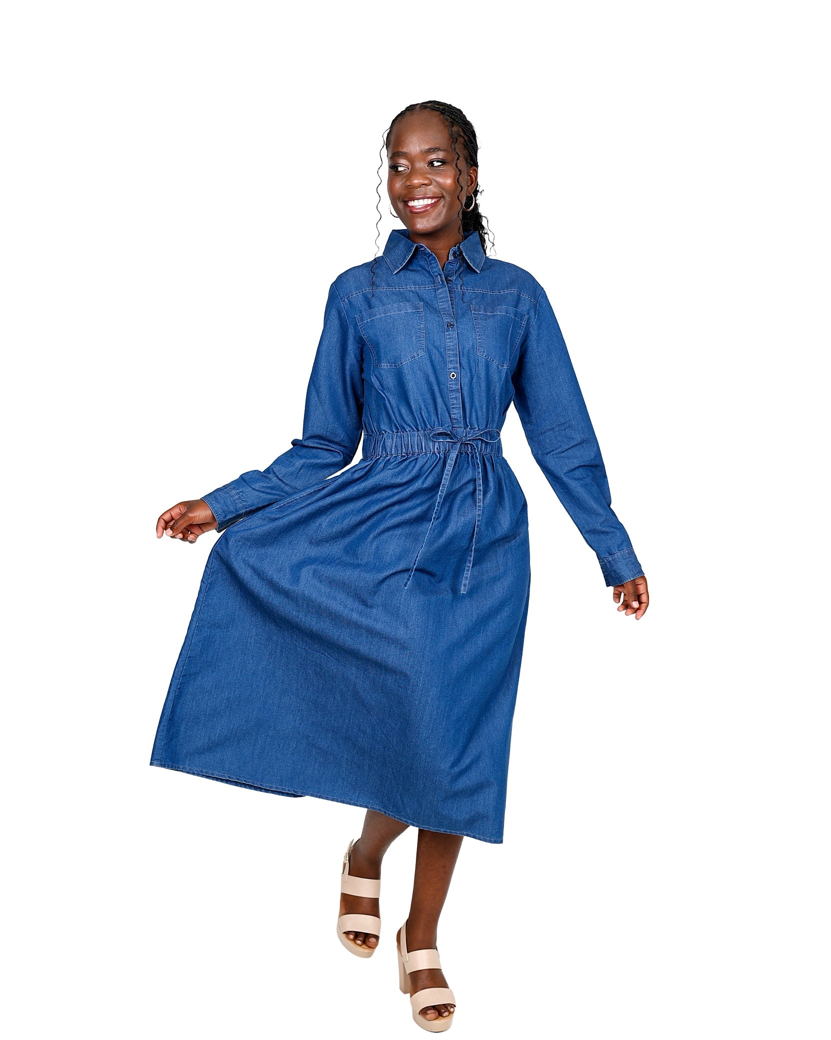 Long Sleeve Denim Midi Shirt Dress