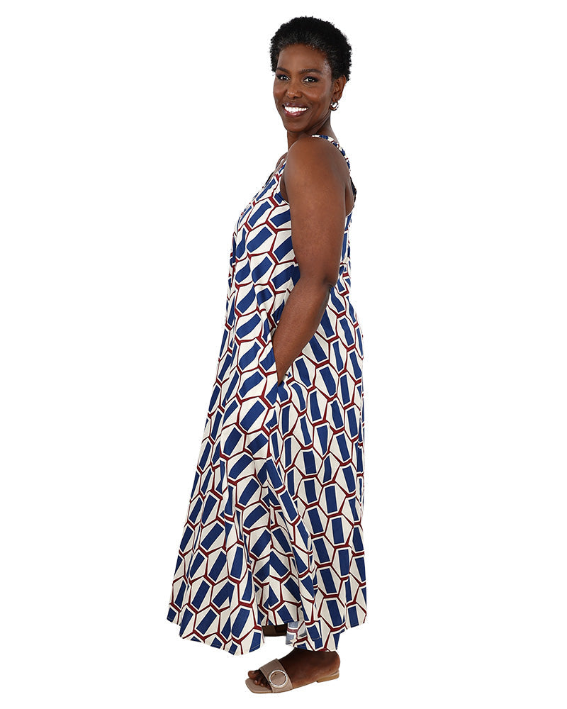 Sleeveless Geometric Print V-Neck Flared Maxi Dress