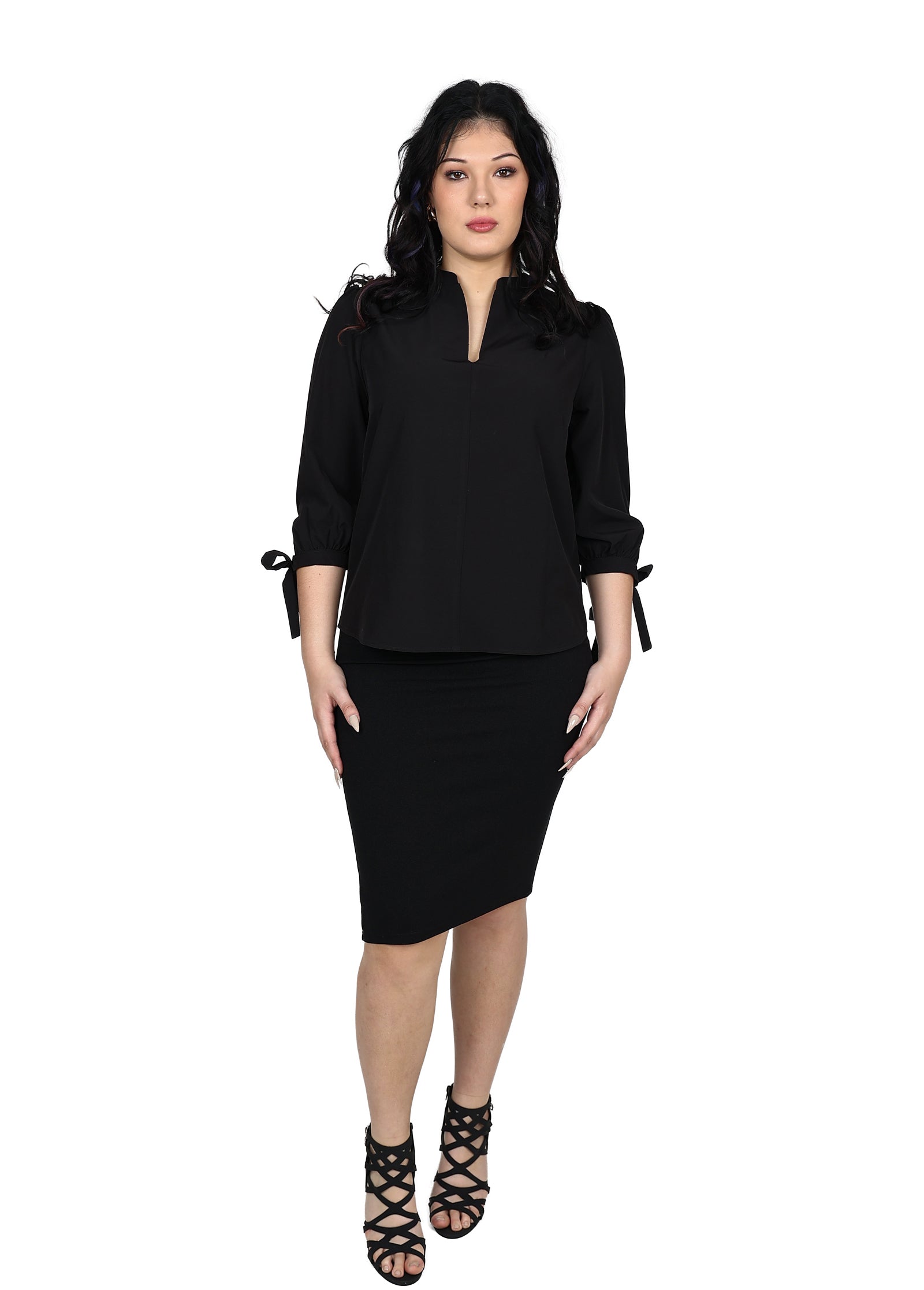 3/4 Sleeve Black Tie Detail V-Neck Blouse