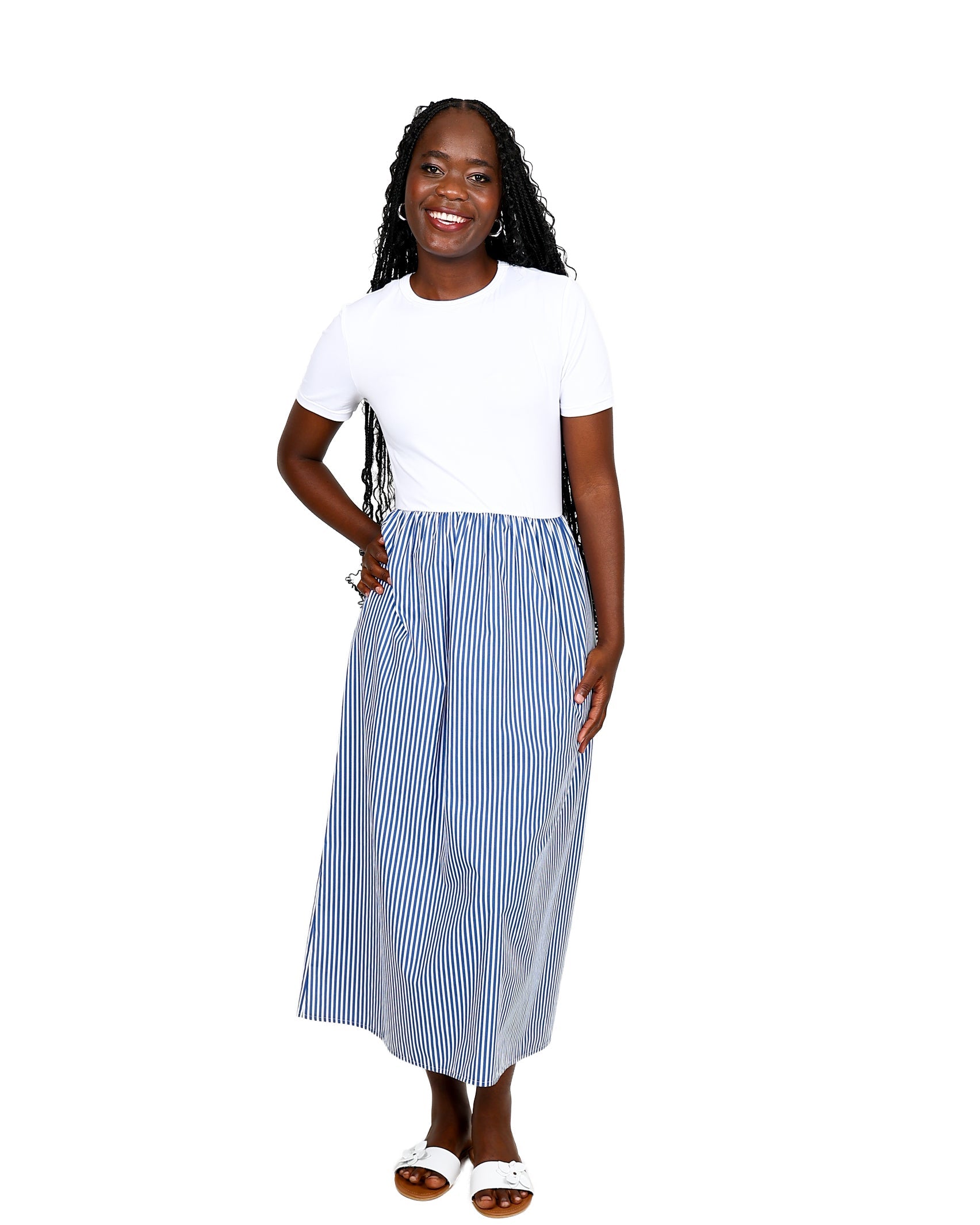 Blue & White Striped Combo Short Sleeve Maxi Dress
