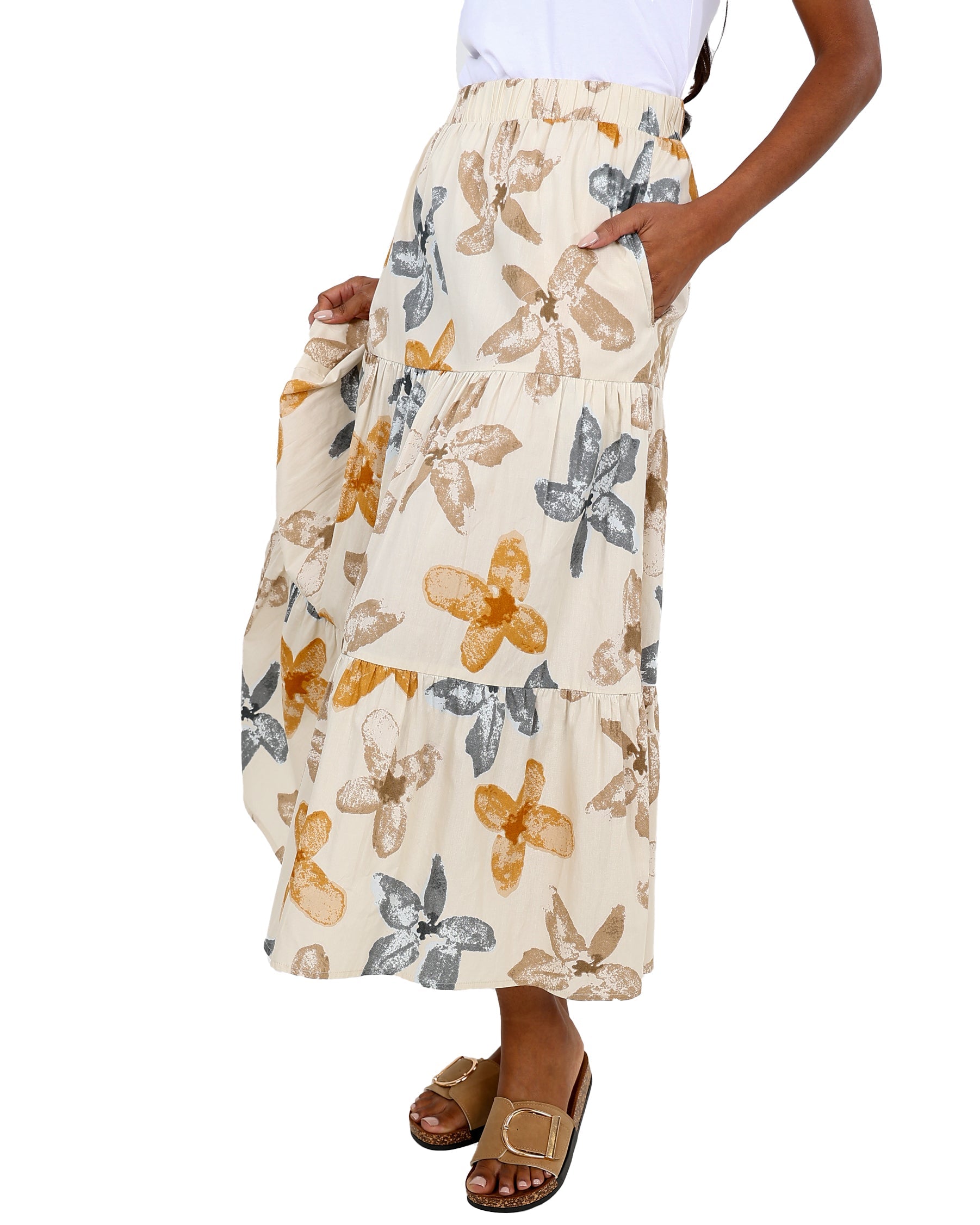 Floral Cream Co-Ord Tiered Maxi Skirt