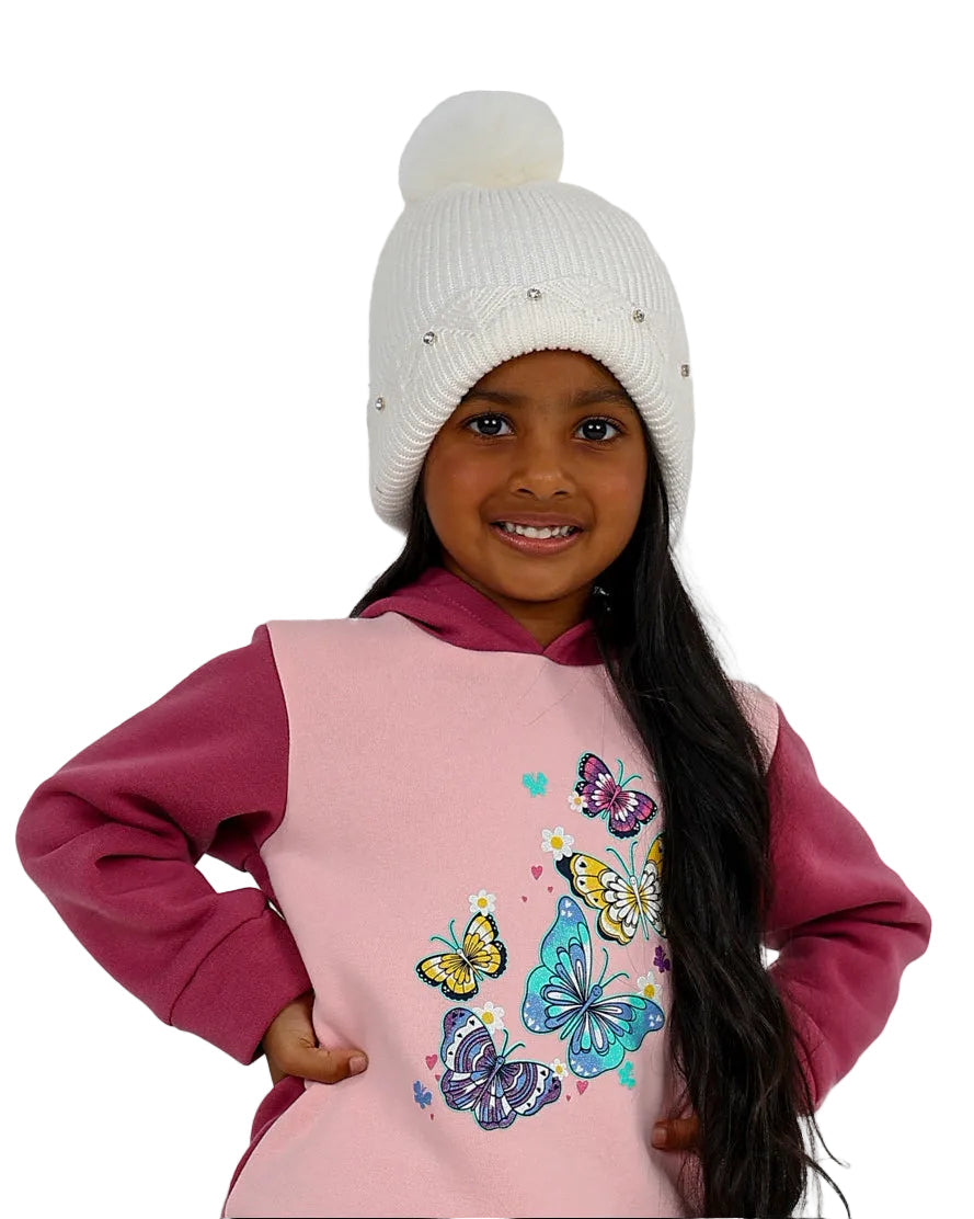 White Diamante Trim Pompom Beanie