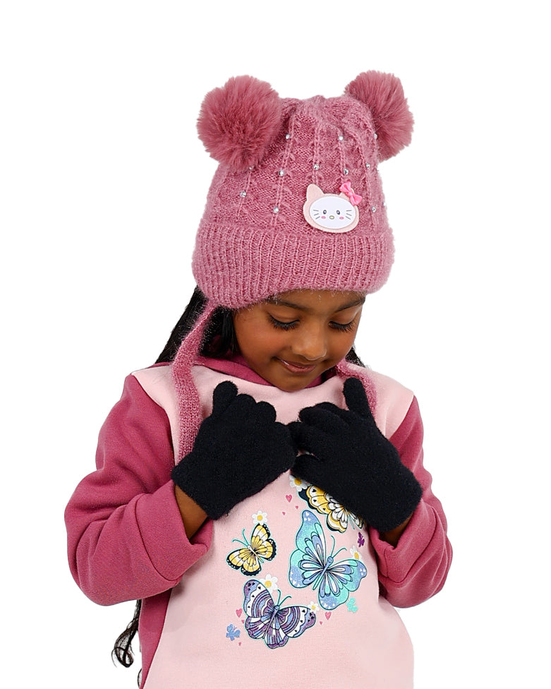 Pearl Embellished Double Pompom Pink Kitten Beanie